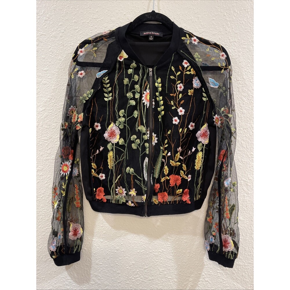 Jealous Tomatoe Sheer Embroidered Floral Long Sleeve Full Zip Top S